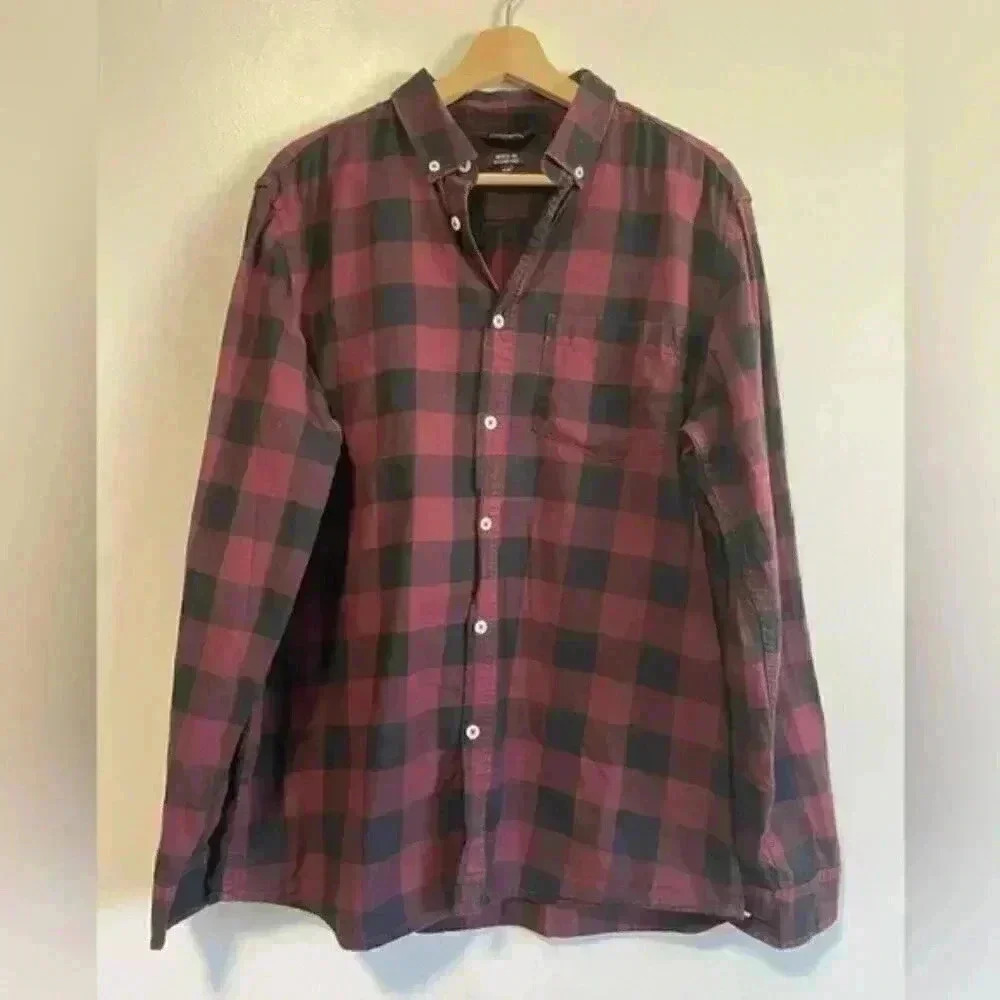 Burgundy & Black Plaid Long Sleeve Cotton Button Up Short